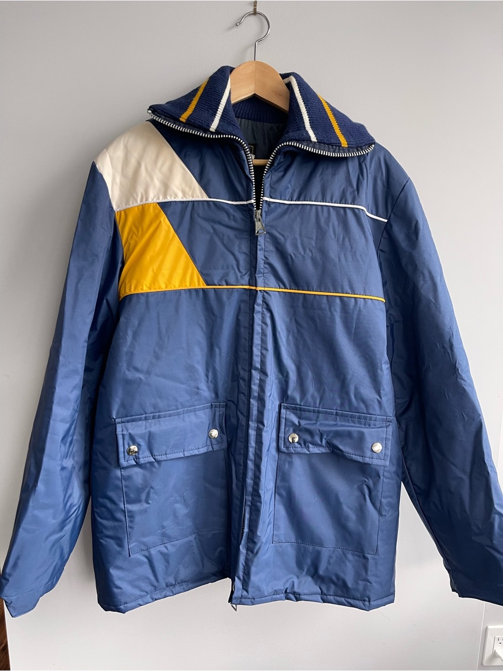 Men's Navy Puffer Jacket with Yellow & White Accent Panels